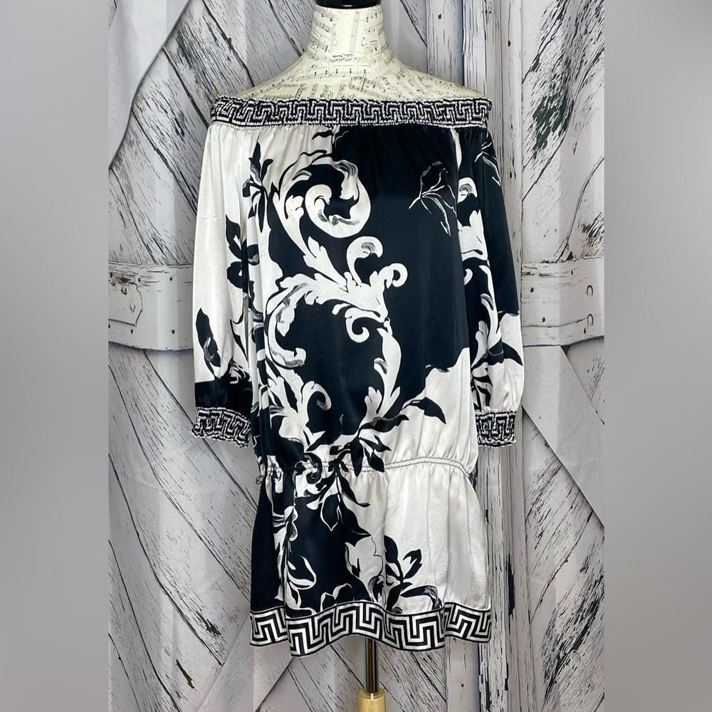 WHBM silk off the shoulder black and white dress w/ full puff sleeves L